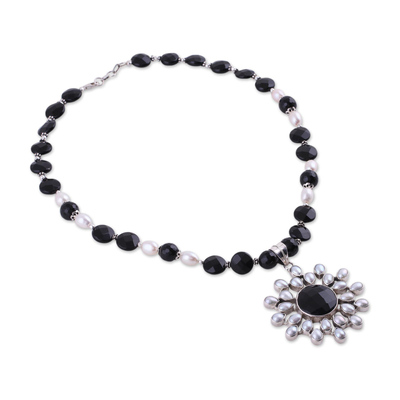 Pearl and onyx flower necklace, 'Facets' - Artisan Crafted Sterling Silver Pearl and Onyx Necklace
