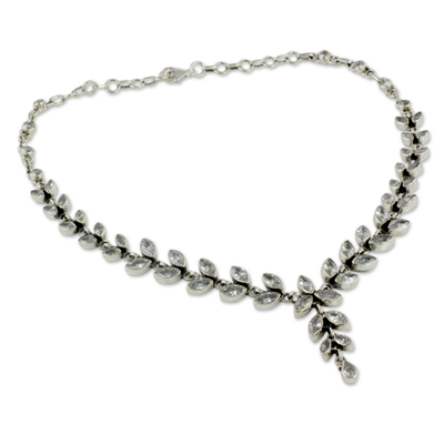 Quartz Y-necklace, 'White Daffodils' - Quartz Y Necklace in Sterling Silver from India with 50 Cts
