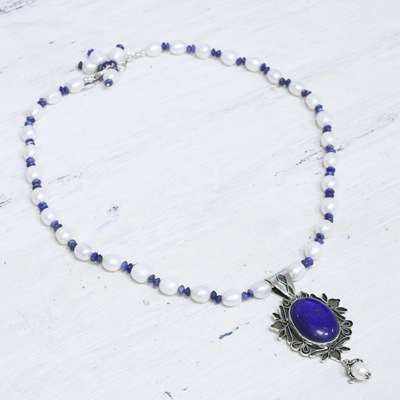 Pearl and lapis lazuli pendant necklace, 'Ethereal' - Women's Jewelry Sterling Silver Lapis Lazuli and Pearls