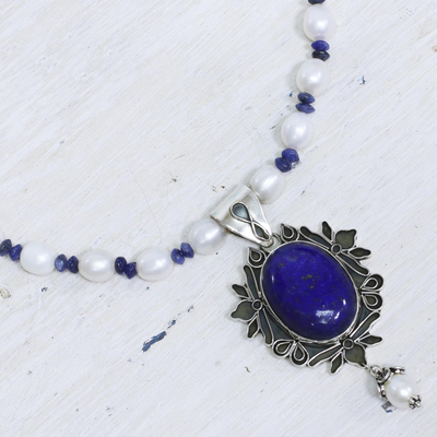 Pearl and lapis lazuli pendant necklace, 'Ethereal' - Women's Jewelry Sterling Silver Lapis Lazuli and Pearls