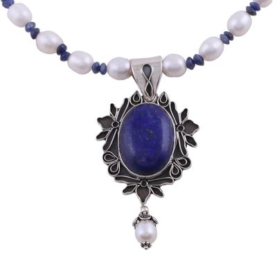 Halskette mit Perlen- und Lapislazuli-Anhänger - Damenschmuck Sterlingsilber mit Lapislazuli und Perlen