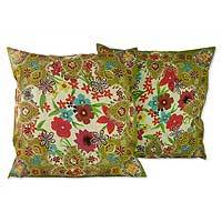 Cushion covers, 'Floral Paradise' (pair) - Fair Trade Floral Cushion Covers from India (Pair)