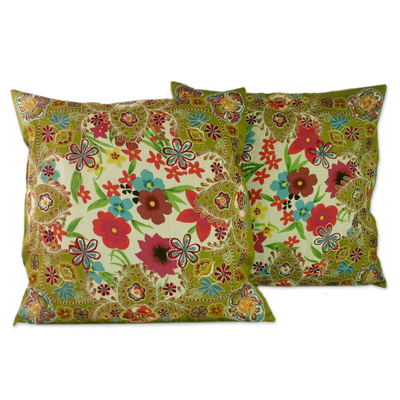 Cushion covers, 'Floral Paradise' (pair) - Handmade Floral Patterned Cushion Covers (Pair)