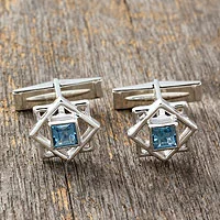 Blue topaz cufflinks, 'Starstruck' - Artisan Crafted Sterling Silver Blue Topaz Cufflinks