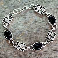 Onyx floral bracelet, 'Summer Night' - Unique Black Onyx and Silver Floral Bracelet
