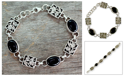 Onyx floral bracelet, 'Summer Night' - Artist Sterling Silver and Onyx Bracelet India Jewelry