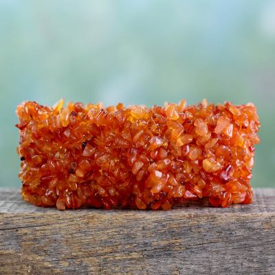 Carnelian stretch bracelet, 'Sunburst' - Handcrafted Carnelian Beaded Bracelet