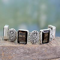 Smoky quartz wristband bracelet, 'Song of India' - Unique Sterling Sliver Bracelet with Smoky Quartz Stones