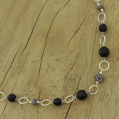 Onyx long necklace, 'Midnight in Jaipur' - Hand Made Women's Sterling Silver and Onyx Necklace