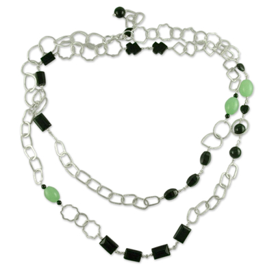 Quartz and onyx long necklace, 'Liaison' - Jade and Quartz Long Necklace
