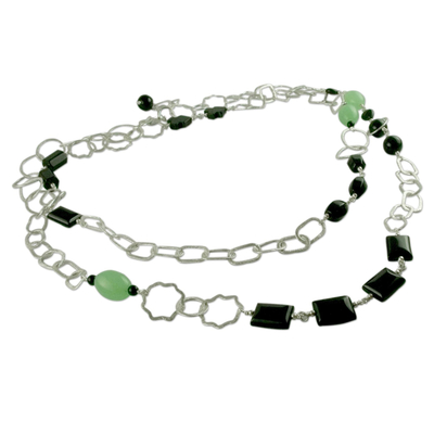 Langes Halsband aus Quarz und Onyx, 'Liaison' - Lange Halskette aus Jade und Quarz