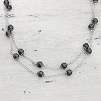 Hematite long chain necklace, 'Relating' - Sterling Silver and Hematite Necklace Artisan Jewelry