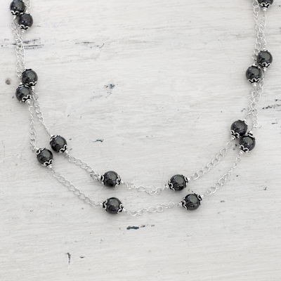 Hematite long chain necklace, 'Relating' - Sterling Silver and Hematite Necklace Artisan Jewelry