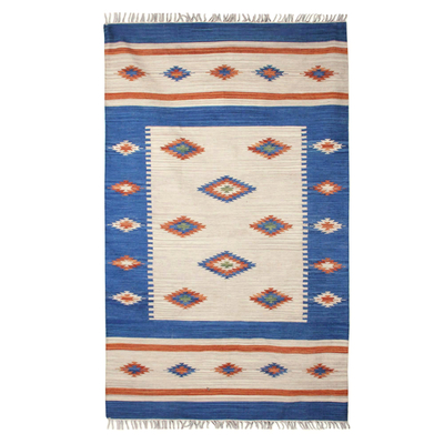 Wool rug, 'Diamond Star' (5x8) - Hand Loomed Wool Area Rug Dhurrie from India 5x8 ft