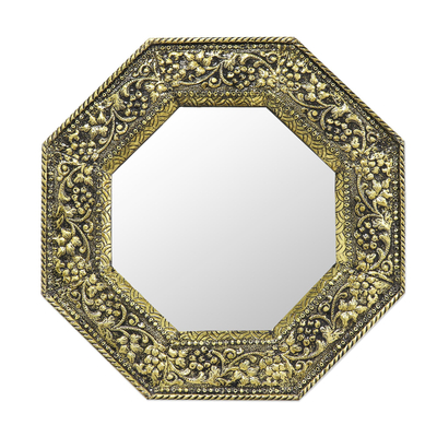 Mirror, 'Golden Vineyard' - Brass Repoussé Wall Mirror Indian Artist Hand Made