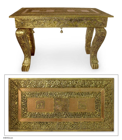 Brass accent table, 'Royal Signature' - Coffee Accent Table End Brass Repoussé Handmade 