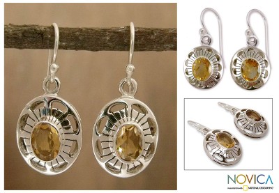 Citrine dangle earrings, 'Sun Halo' - Sterling Silver and Citrine Dangle Earrings