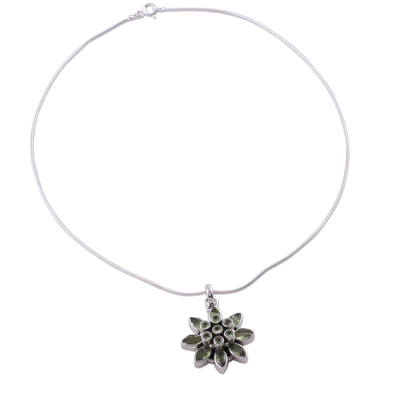 Peridot flower necklace, 'Sunflower Green' - Hand Crafted Women's Sterling Silver Peridot Jewelry