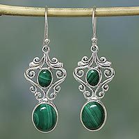 Malachite dangle earrings, 'Natural Majesty' - Fair Trade Jewelry Sterling Silver Malachite Earrings