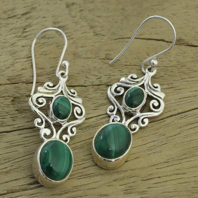 Malachite dangle earrings, 'Natural Majesty' - Fair Trade Jewelry Sterling Silver Malachite Earrings