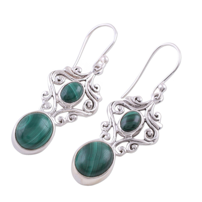 Malachite dangle earrings, 'Natural Majesty' - Fair Trade Jewelry Sterling Silver Malachite Earrings