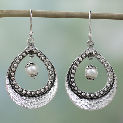 Pearl dangle earrings, 'Grace' - Hand Crafted Sterling Silver and Pearl Earrings