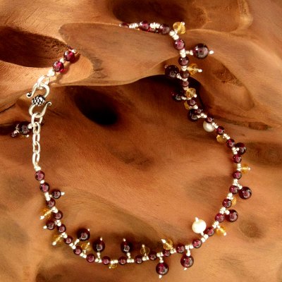 Garnet and pearl anklet, 'Love Riches' - Pearl Garnet and Citrine Handmade Ankle Jewelry