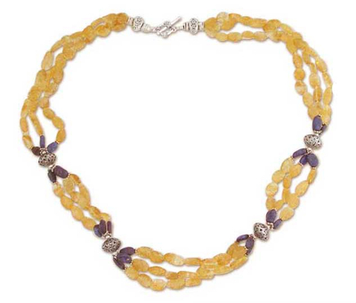 Citrine and lapis beaded long necklace, 'Sunny Sky' - Citrine and lapis beaded long necklace
