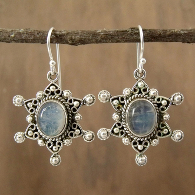 Rainbow moonstone dangle earrings, 'Radiant Star' - Moonstone Earrings in Sterling Silver from India