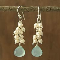 Pearl and chalcedony cluster earrings, 'Aqua Shimmer' - Pearl and chalcedony cluster earrings