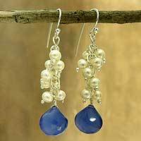 Pearl and chalcedony cluster earrings, 'Navy Shimmer'