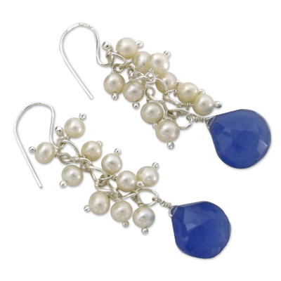 Pearl and chalcedony cluster earrings, 'Navy Shimmer' - Blue Chalcedony Earrings with Pearls and Sterling Silver
