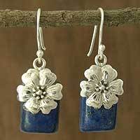 Lapis lazuli flower earrings, 'Blue Lily' - Fair Trade Floral Sterling Silver and Lapis Lazuli Earrings