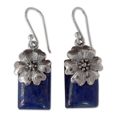 Lapis lazuli flower earrings, 'Blue Lily' - Fair Trade Floral Sterling Silver and Lapis Lazuli Earrings