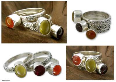 Garnet and carnelian stacking rings, 'Mystical Trio' (set of 3) - Garnet and carnelian stacking rings (Set of 3)