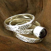 Garnet stacking rings, 'Lone Rose' (set of 3) - Floral Sterling Silver Stacking Garnet Rings (Set of 3)