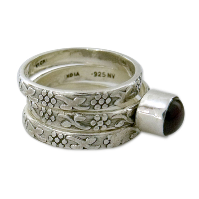 Garnet stacking rings, 'Lone Rose' (set of 3) - Floral Sterling Silver Stacking Garnet Rings (Set of 3)