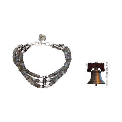 Labradorite beaded bracelet, 'Mystery of Love' - Hand Made Labradorite Beaded Bracelet with Sterling Silver 