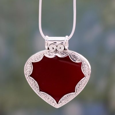 Carnelian heart necklace, 'Flamboyant' - Hand Made Sterling Silver with Carnelian Heart Necklace
