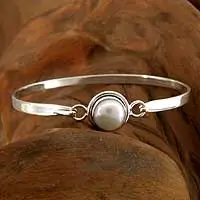 Pearl bangle bracelet, 'Aesthetic Moon' - Uniquely Handcrafted Indian Sterling Silver Bracelet