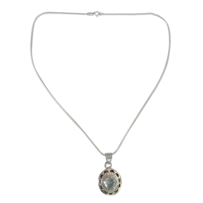 Blue topaz pendant necklace, 'Sky Halo' - Sterling Silver with Blue Topaz Floral Necklace Jewelry