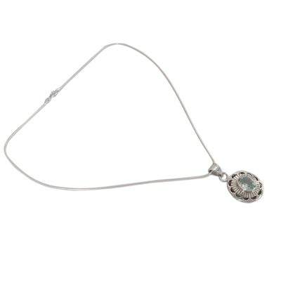 Blue topaz pendant necklace, 'Sky Halo' - Sterling Silver with Blue Topaz Floral Necklace Jewelry