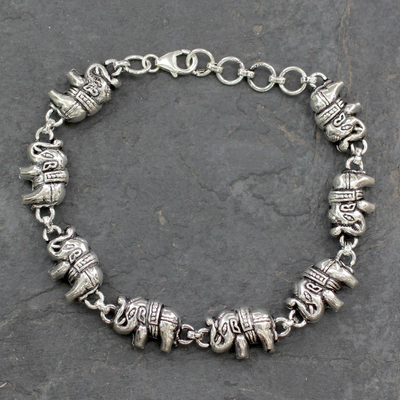 Sterling silver link bracelet, 'Fortunate Elephants' - Elephant Jewelry Bracelet Sterling Silver from India