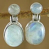 Moonstone dangle earrings, 'Moonlight Delight' - Handcrafted Sterling Silver and Moonstone Earrings