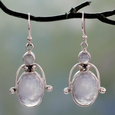 Rainbow moonstone dangle earrings, 'Goddess' - Fair Trade Sterling Silver Rainbow Moonstone Earrings