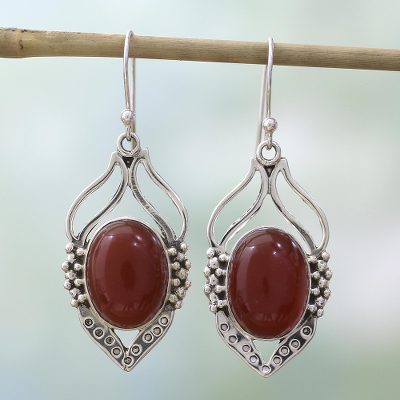 Carnelian dangle earrings, 'Passion Leaf' - Carnelian Earrings in Sterling Silver from India
