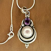 Cultured pearl and amethyst pendant necklace, 'Jaipur Moon' - Grand Indian Necklace with Pearl and Amethyst on Silver