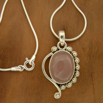Rose quartz pendant necklace, 'Delhi Romance' - Handcrafted Sterling Silver and Rose Quartz Necklace