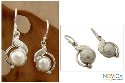 Pearl dangle earrings, 'India Rapture' - Sterling Silver and Pearl Earrings Artisan Jewelry