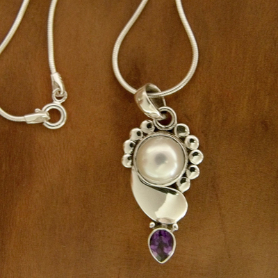 Pearl and amethyst pendant necklace, 'Rajasthan Glory' - Pearl and Amethyst Pendant on Sterling Silver Necklace